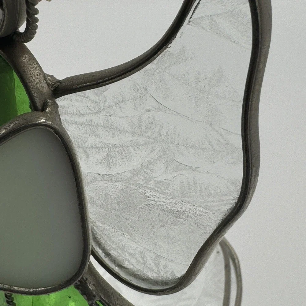 Vintage Green Glass Angel Tea Light Holder Frosted‎ Wings Stained Glass Style 6